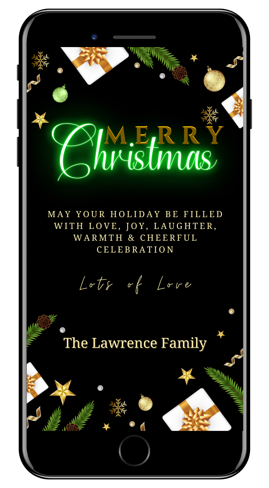 Green Neon Ornaments & Presents | Merry Christmas Ecard showing customizable text and decorations on a smartphone screen.