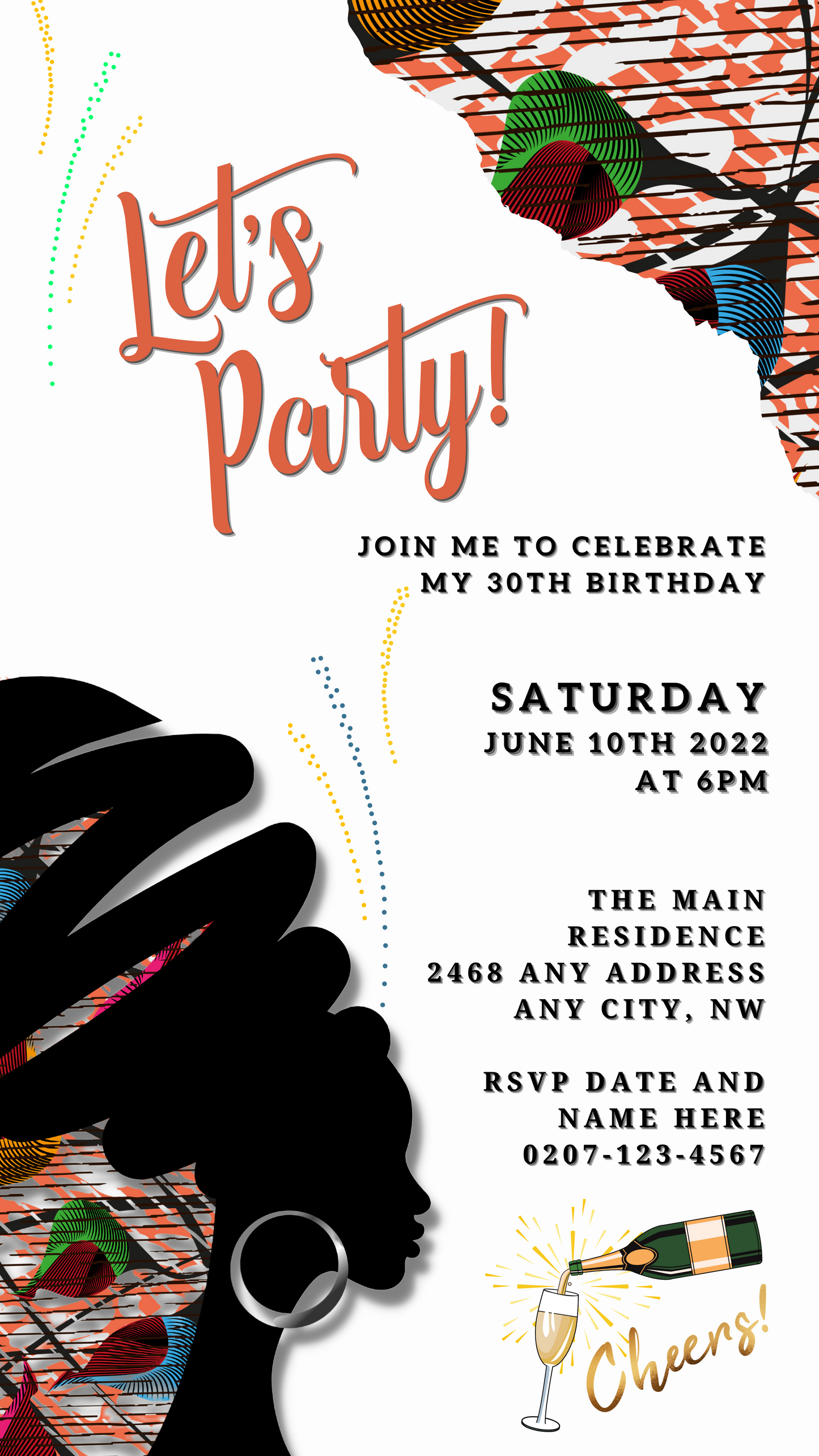 Customizable Digital & Printable Ankara African Woman Silhouette Party Evite, featuring a woman with a turban, editable text, and a champagne bottle pouring into a glass.