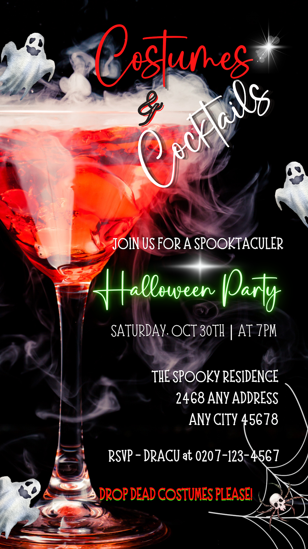 Smoking Wine Glass Ghosts Costumes & Cocktails | Halloween Evite featuring a cocktail glass emitting smoke and a ghostly figure, perfect for customizing in Canva.