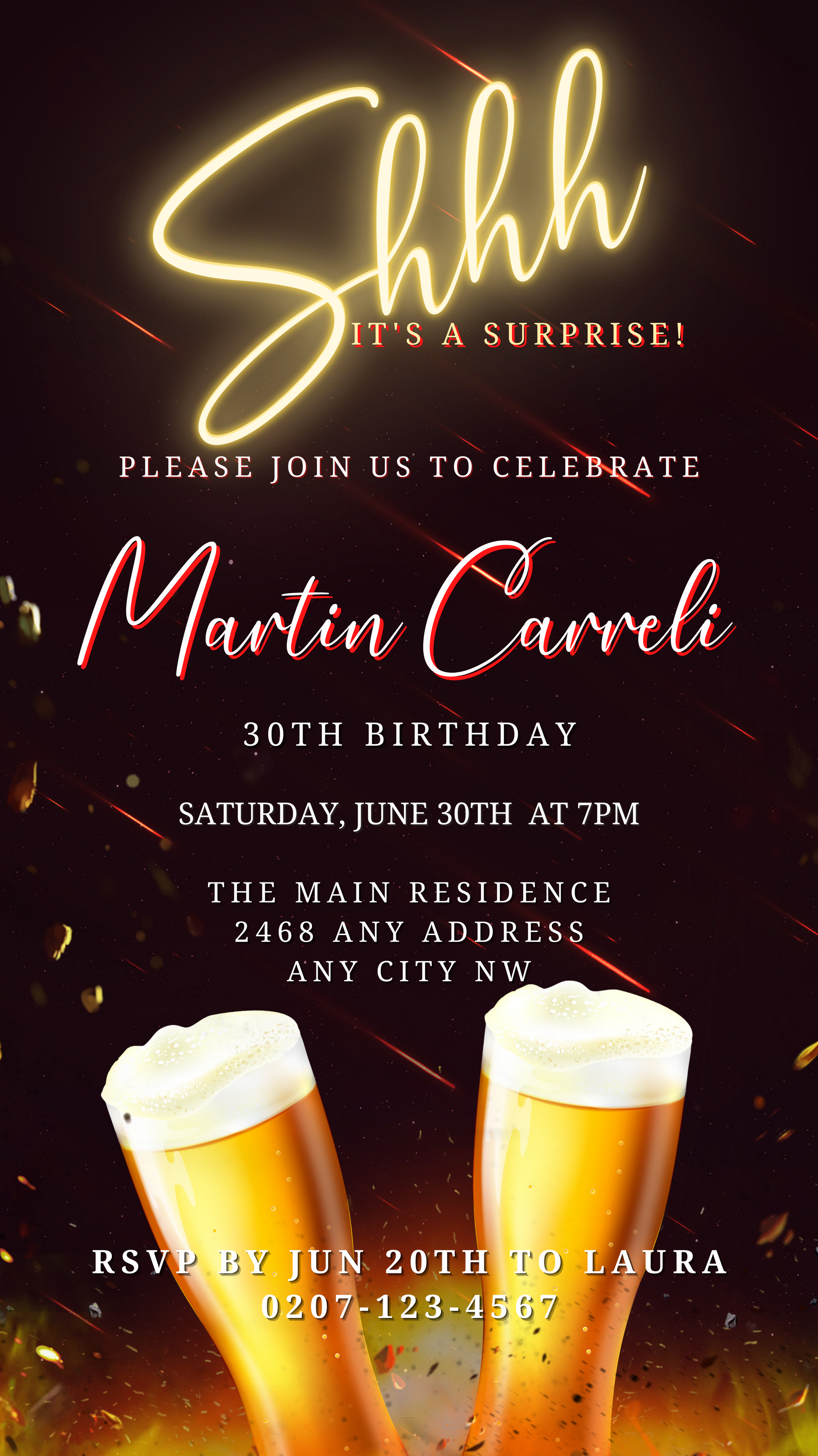 Digital Gold Neon Beer | Men's Surprise Party Evite with two beer glasses. Customizable and downloadable for smartphone use via Canva.