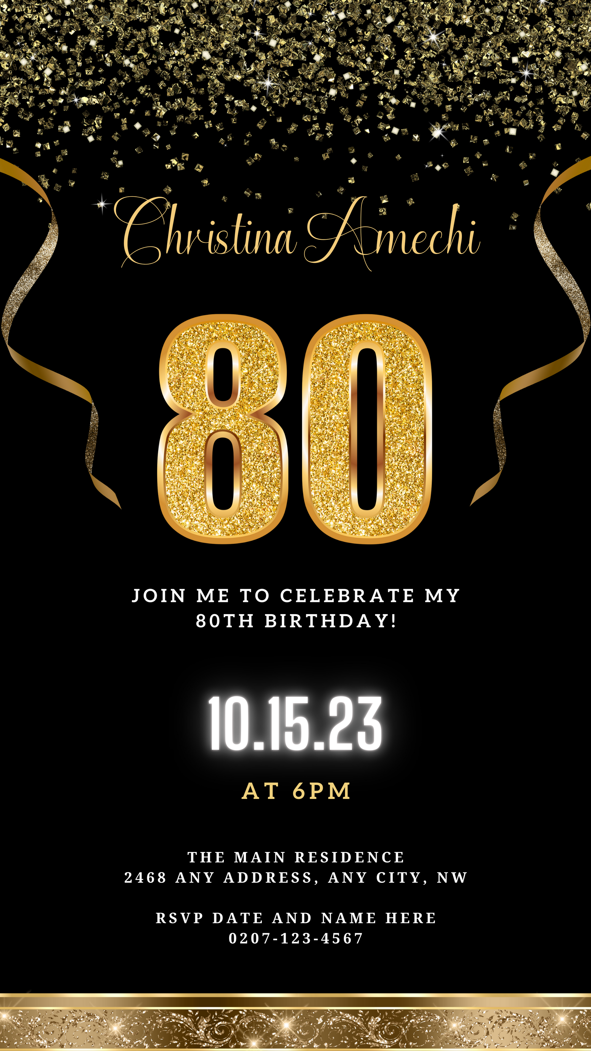 Black Gold Confetti 80th Birthday Evite featuring customizable gold text and glittery ribbons on a sleek black background, ideal for digital invitations.