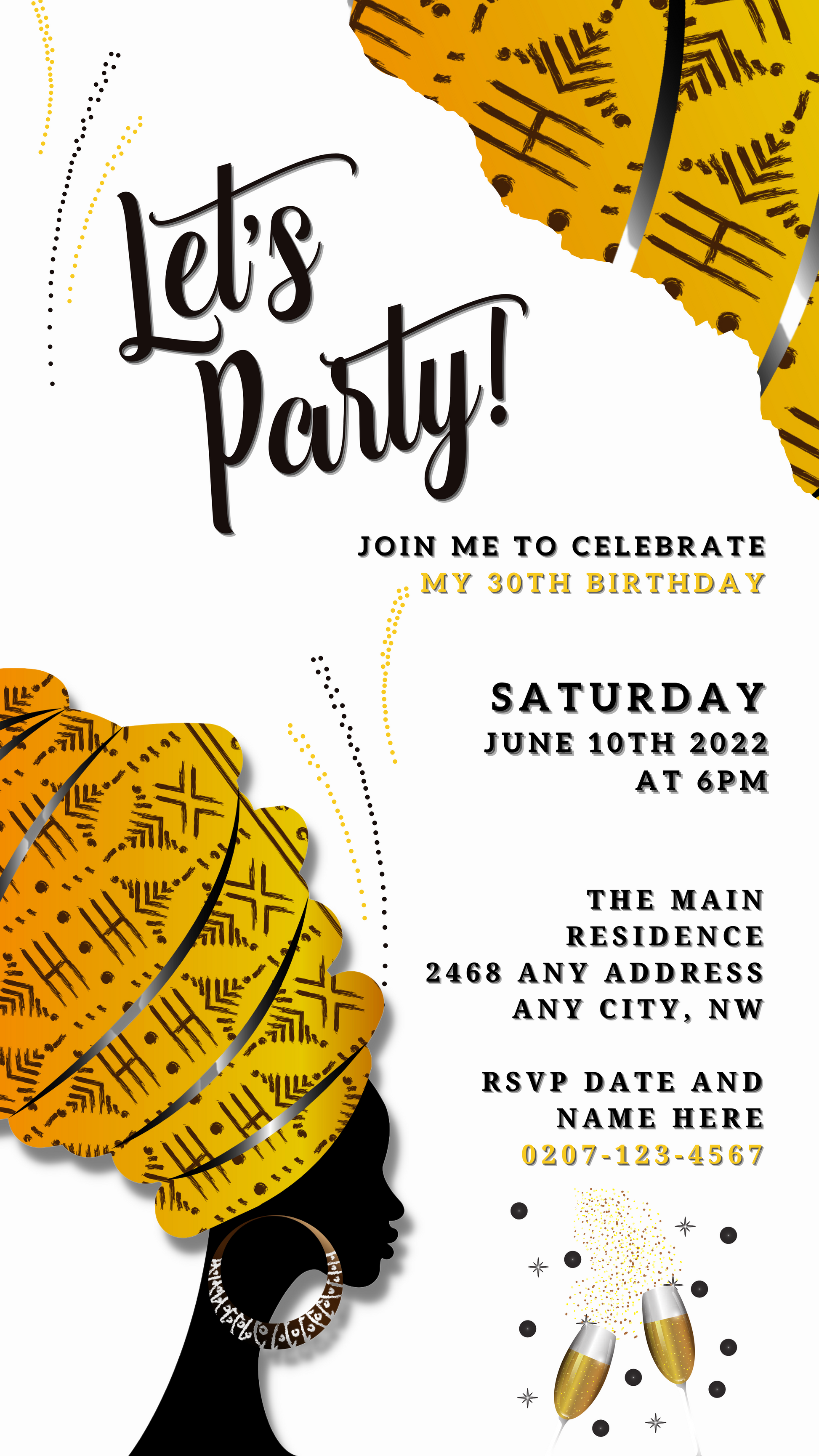 White Yellow Ankara African Woman Silhouette Editable Party Evite, showcasing a stylish digital invitation with customizable text for various events.