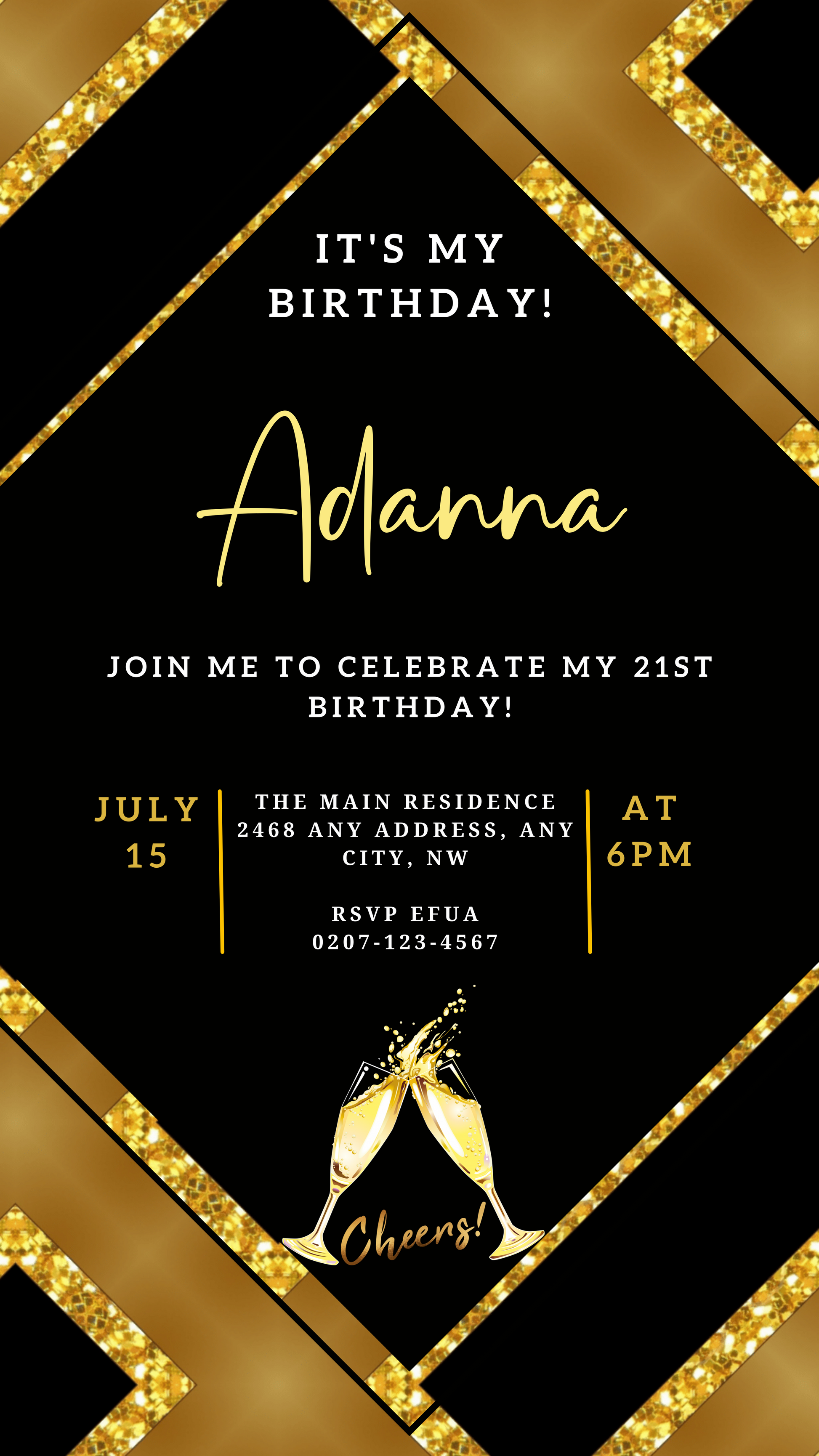 Gold Black Glitter Champagne Editable Party Evite featuring black and gold invitation with champagne glasses and customizable text for digital download and personalization via Canva.