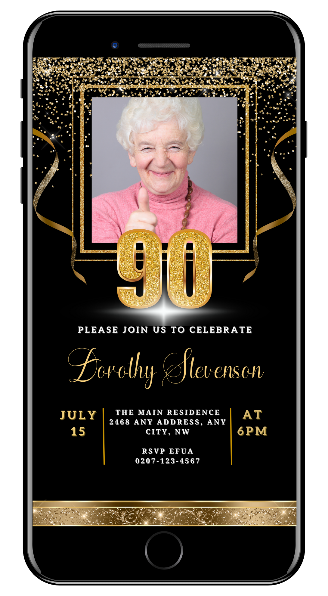 Customizable Black Gold Confetti 90th Birthday Evite featuring a smiling woman giving a thumbs up, with editable text and photo elements.