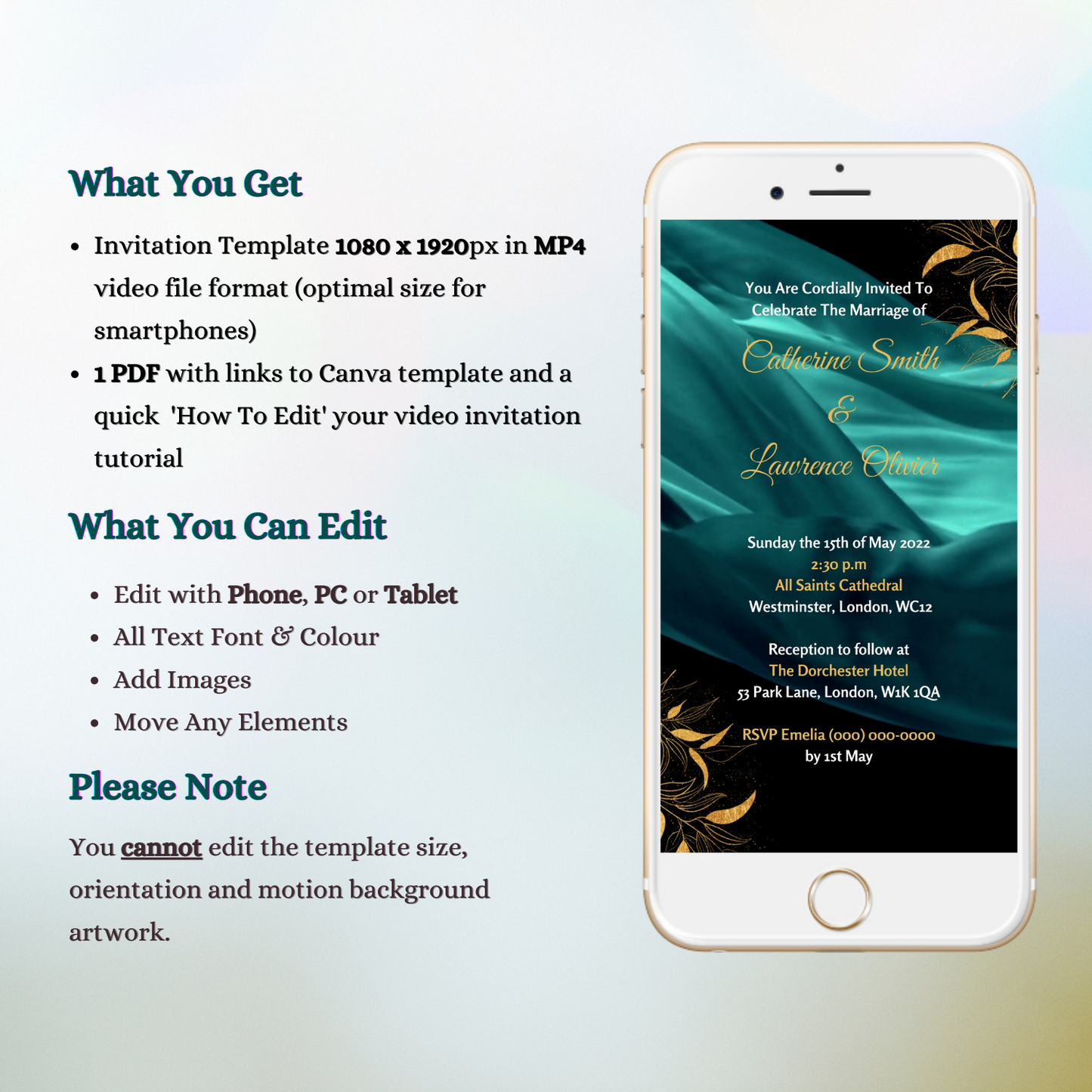 White smartphone displaying customizable Green Silk Chiffon Wedding Video Invitation template, alongside another identical phone, ready for editing via Canva and sharing digitally.