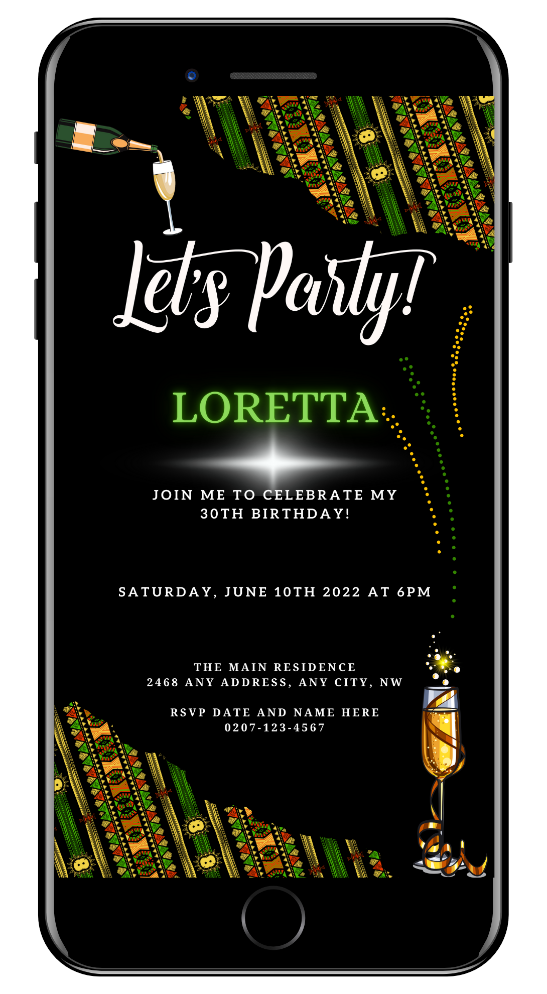 Green Black African Ankara | Let's Party Evite displayed on a smartphone screen, showcasing a customizable digital invitation template for parties, editable via Canva.