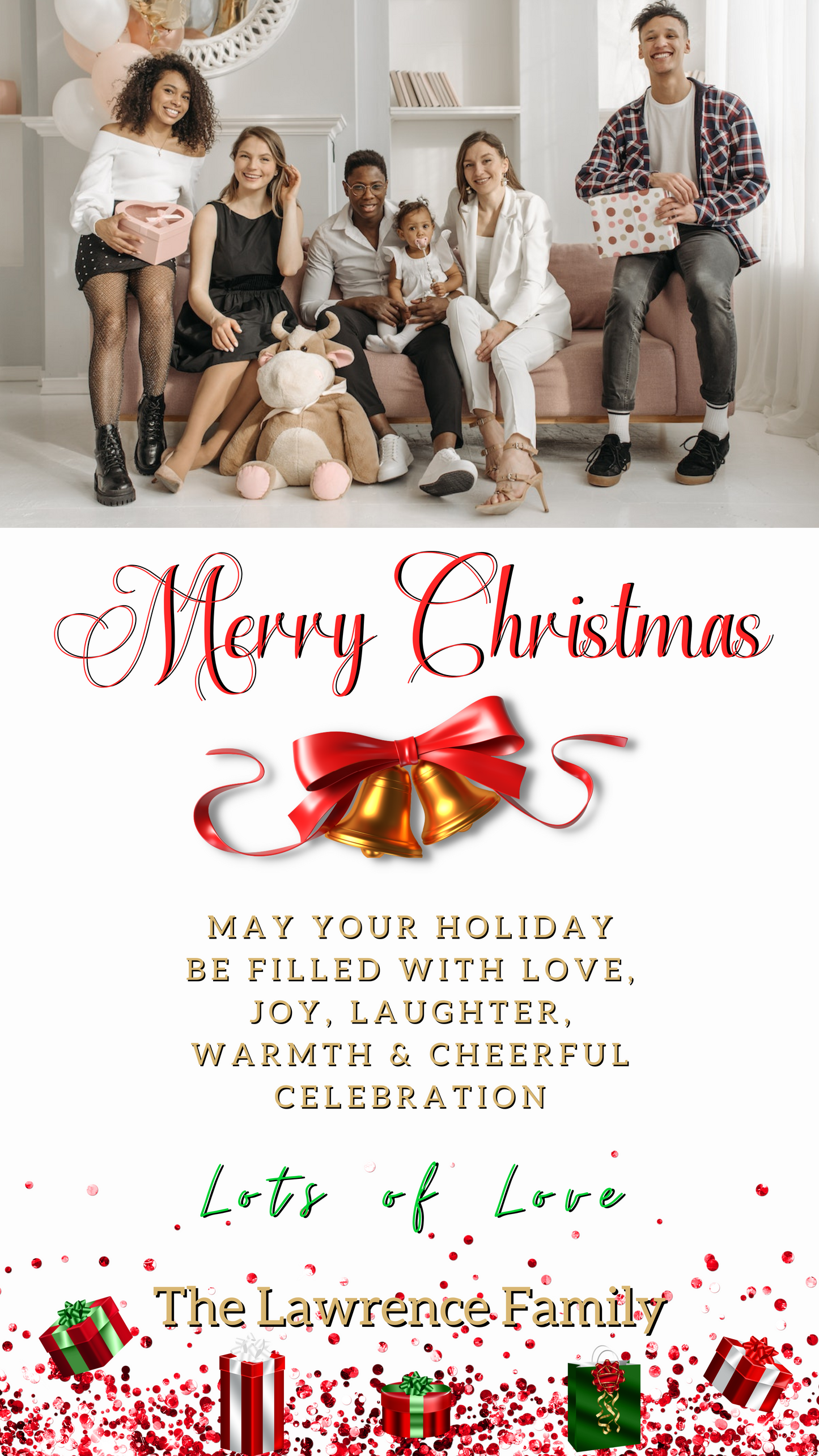 Group of people on a couch with presents; Gold Red Bell Presents W/Photo | Merry Christmas Greeting Ecard displayed on a smartphone screen.