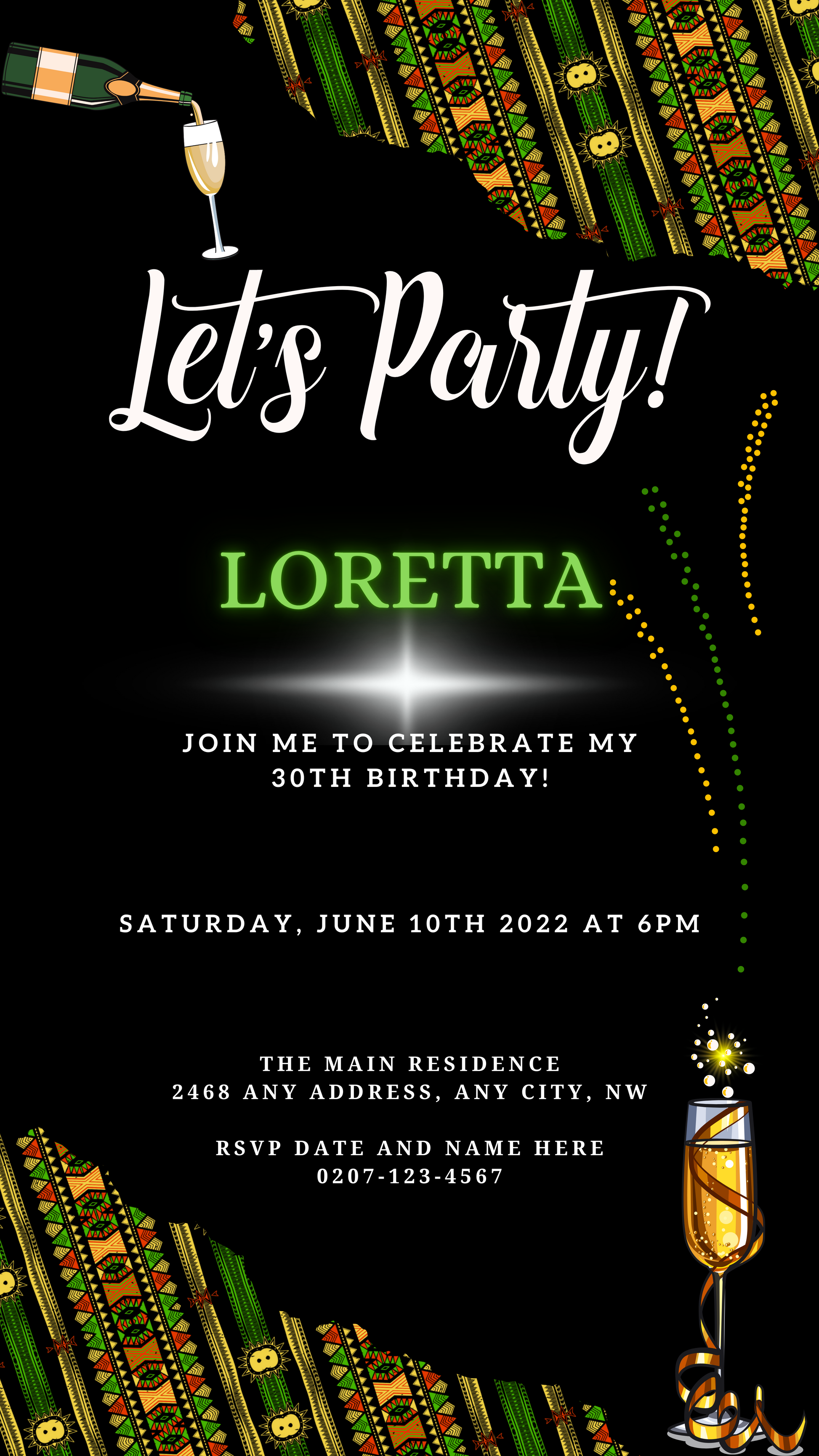 Green Black African Ankara | Let's Party Evite featuring editable text, fireworks, and celebratory graphics, designed for easy customization via Canva for digital sharing.