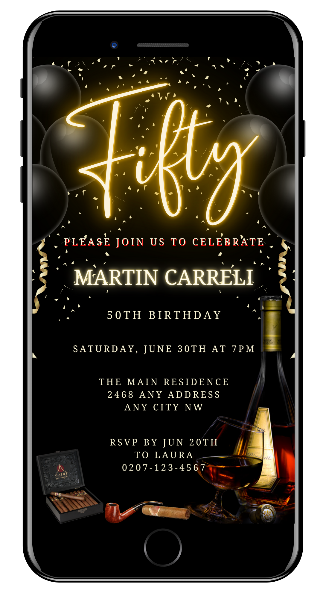 Digital Black Gold Neon Men's 50th Birthday Evite displayed on a smartphone screen, featuring a wine bottle and balloons, available for customization and instant download.
