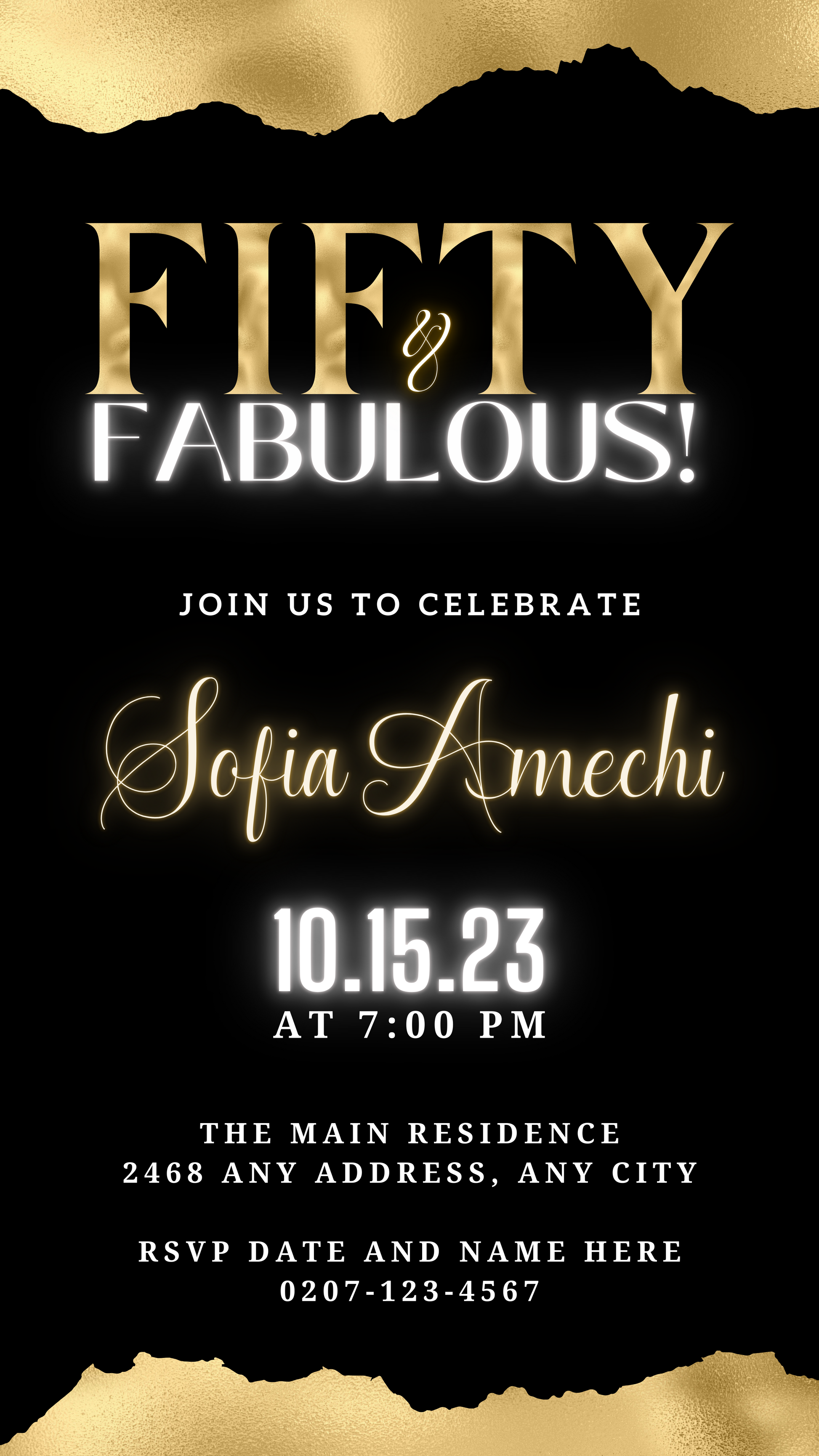 Black Gold White Neon | Fifty & Fabulous Party Evite, customizable digital invitation template with elegant text, editable via Canva for smartphone sharing.