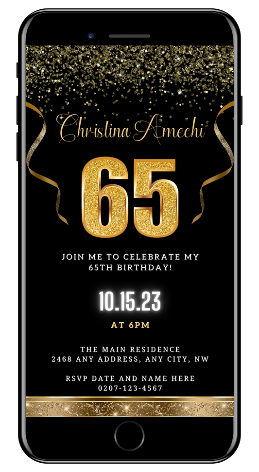 Customizable digital 65th birthday evite with black and gold confetti design, editable via Canva for smartphone use. Download and personalize for electronic sharing.