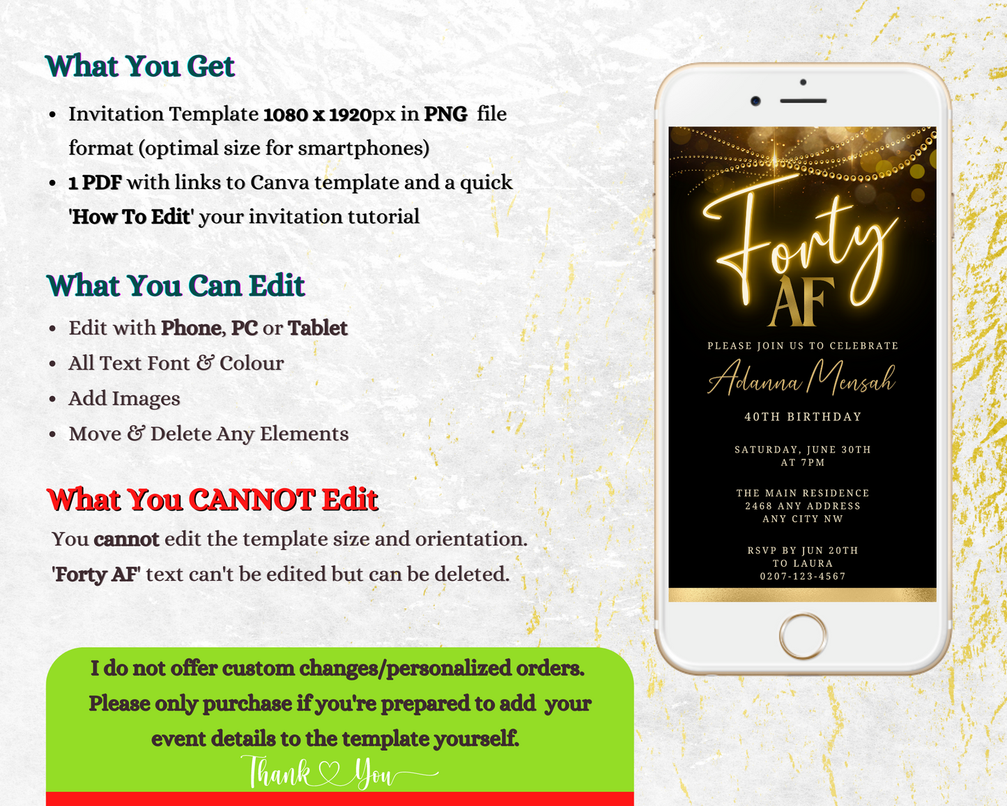 Customizable digital invitation template for a 40th birthday, titled Black Gold Neon Sparkle | 40AF Birthday Evite, displayed on a smartphone screen.