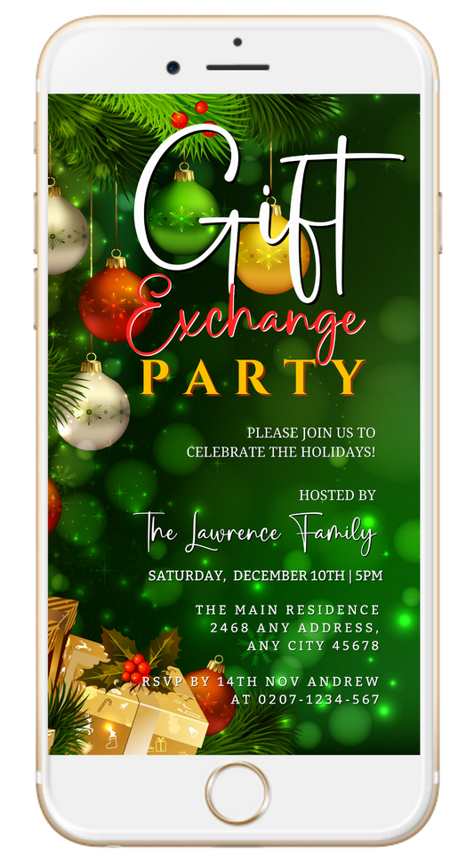 Smartphone displaying an editable digital invitation template for a Green Yellow Red Presents | Gift Exchange Party Evite, customizable via Canva for easy event detail personalization.