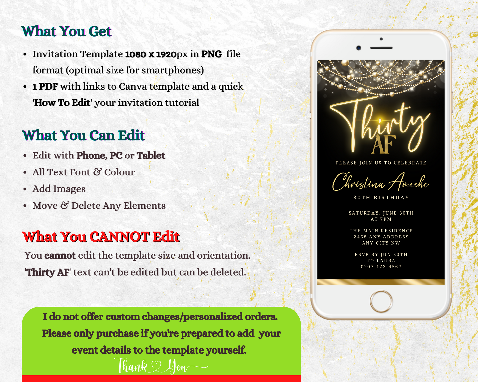Black Gold Neon Art Deco Bling | 30AF Birthday Evite displayed on a smartphone screen, highlighting its customizable features via the Canva app.