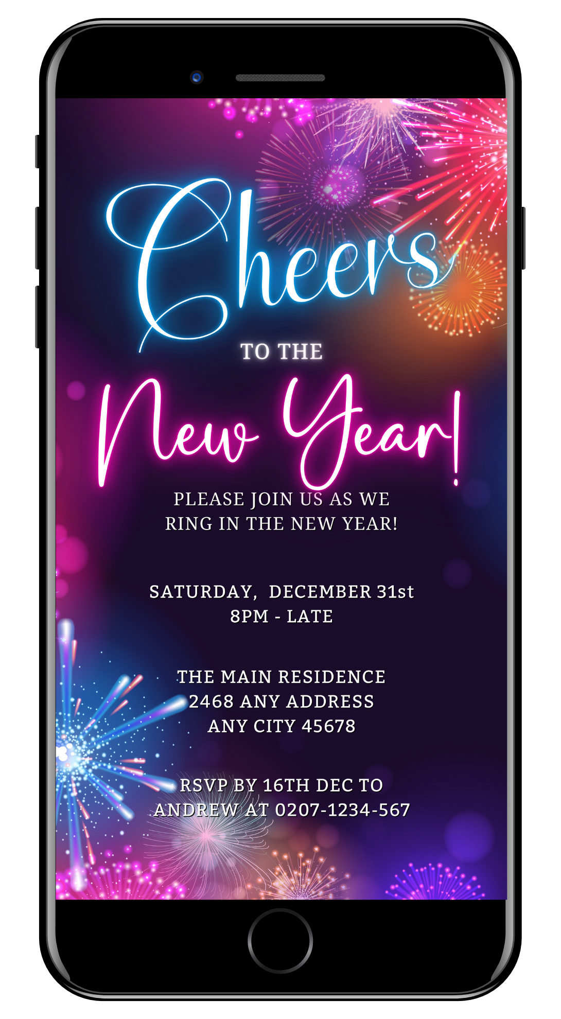 Smartphone displaying customizable digital invitation with neon Cheers text and fireworks for New Year's 2024 party by URCordiallyInvited. Editable via Canva.