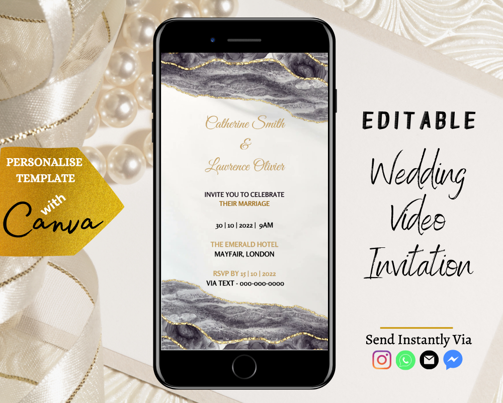 Black Gold Agate Customisable Digital Wedding Video Invitation displayed on a smartphone screen, showcasing editable text and design.