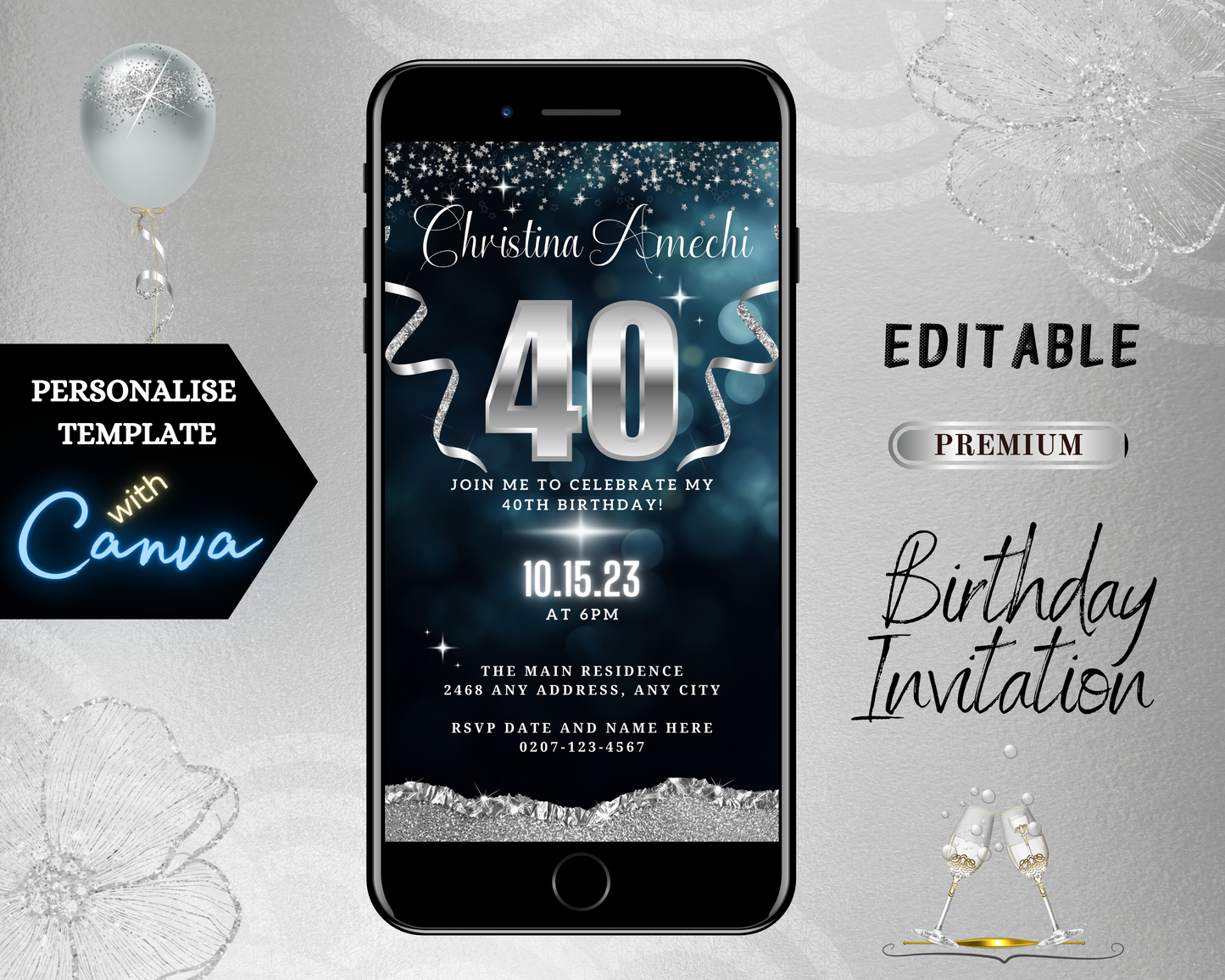 Customizable Navy Blue Silver Glitter 40th Birthday Evite displayed on a smartphone screen, showcasing editable text and design elements for a digital invitation template.