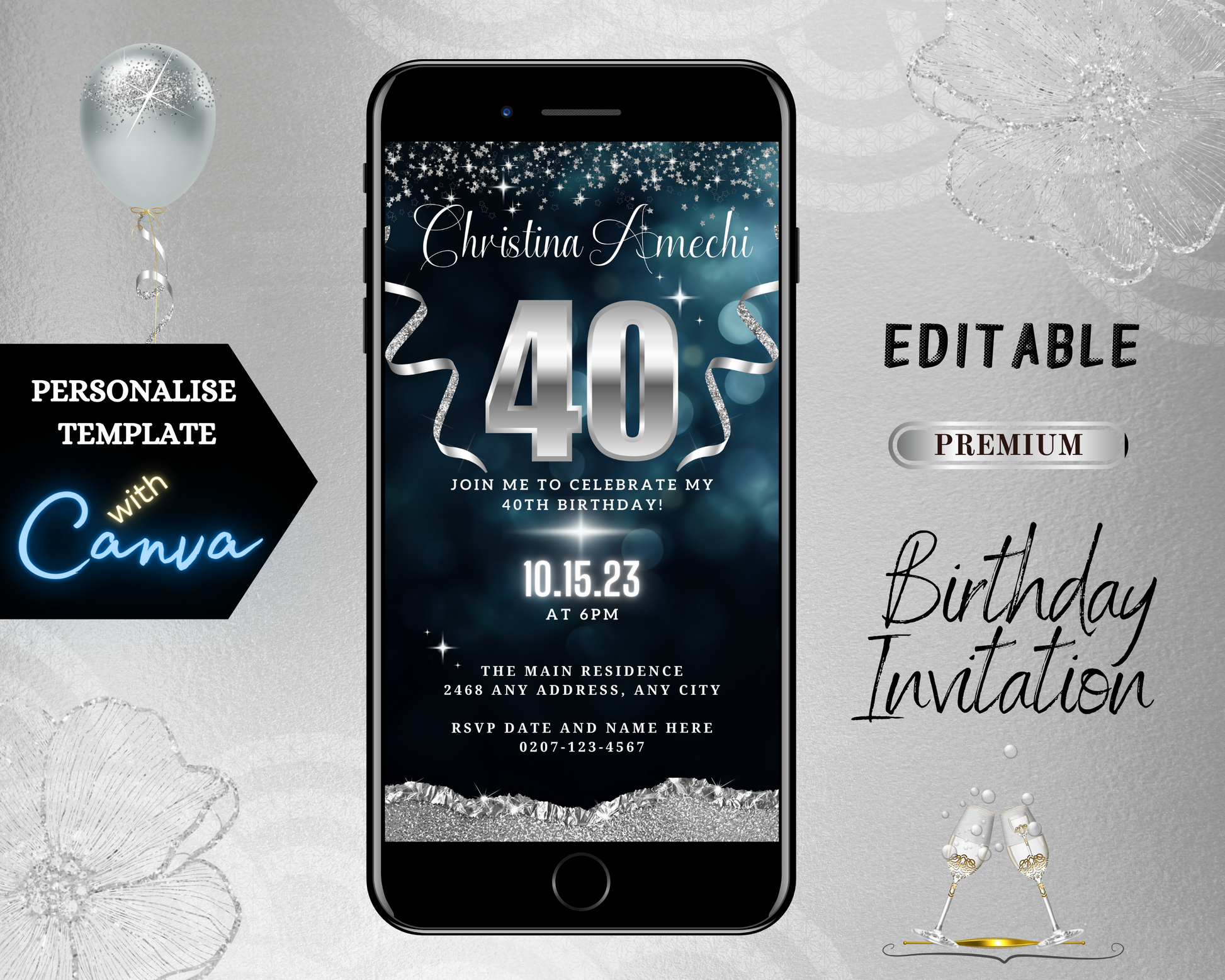 Customizable Navy Blue Silver Glitter 40th Birthday Evite displayed on a smartphone screen, showcasing editable text and design elements for a digital invitation template.