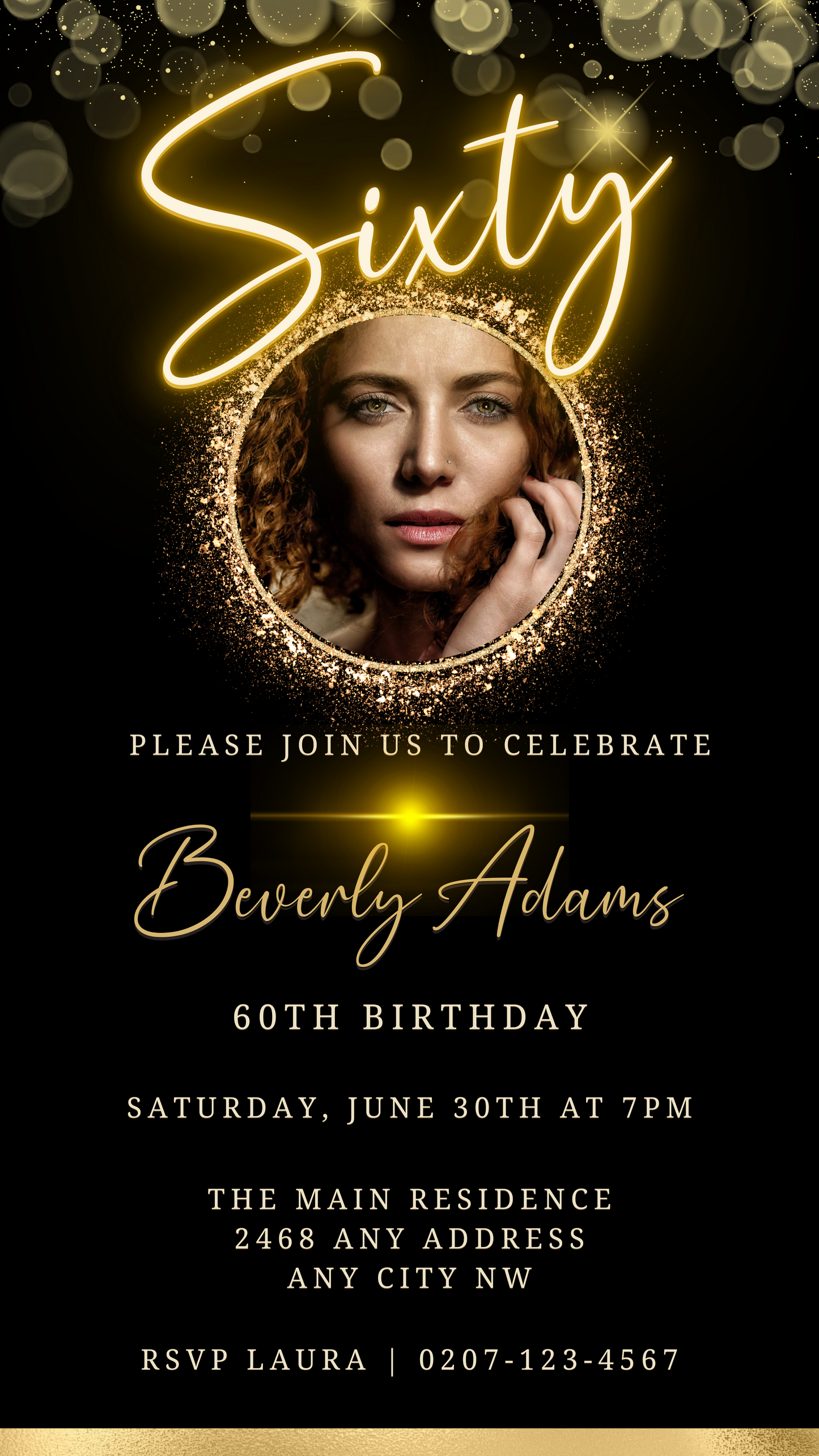 A woman's face in a gold oval frame with text, showcasing a customizable digital 60th birthday evite template for smartphones.