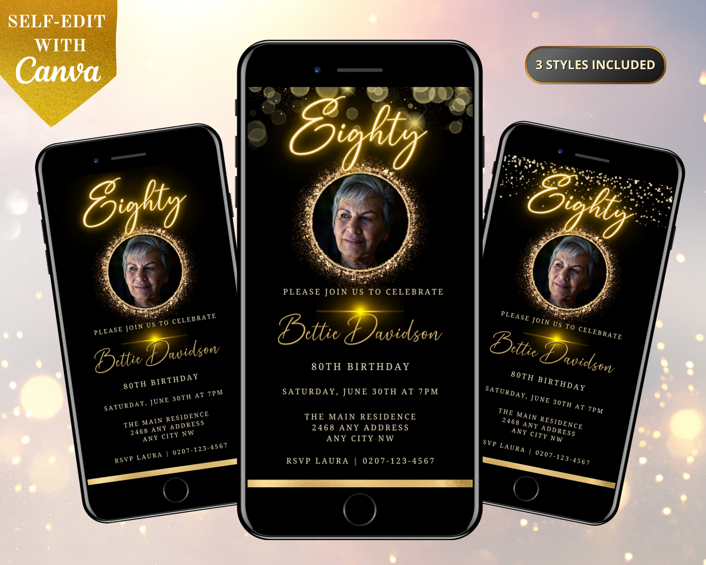 Group of cell phones displaying a customizable digital 80th Birthday Evite with a woman's photo in a gold oval frame.