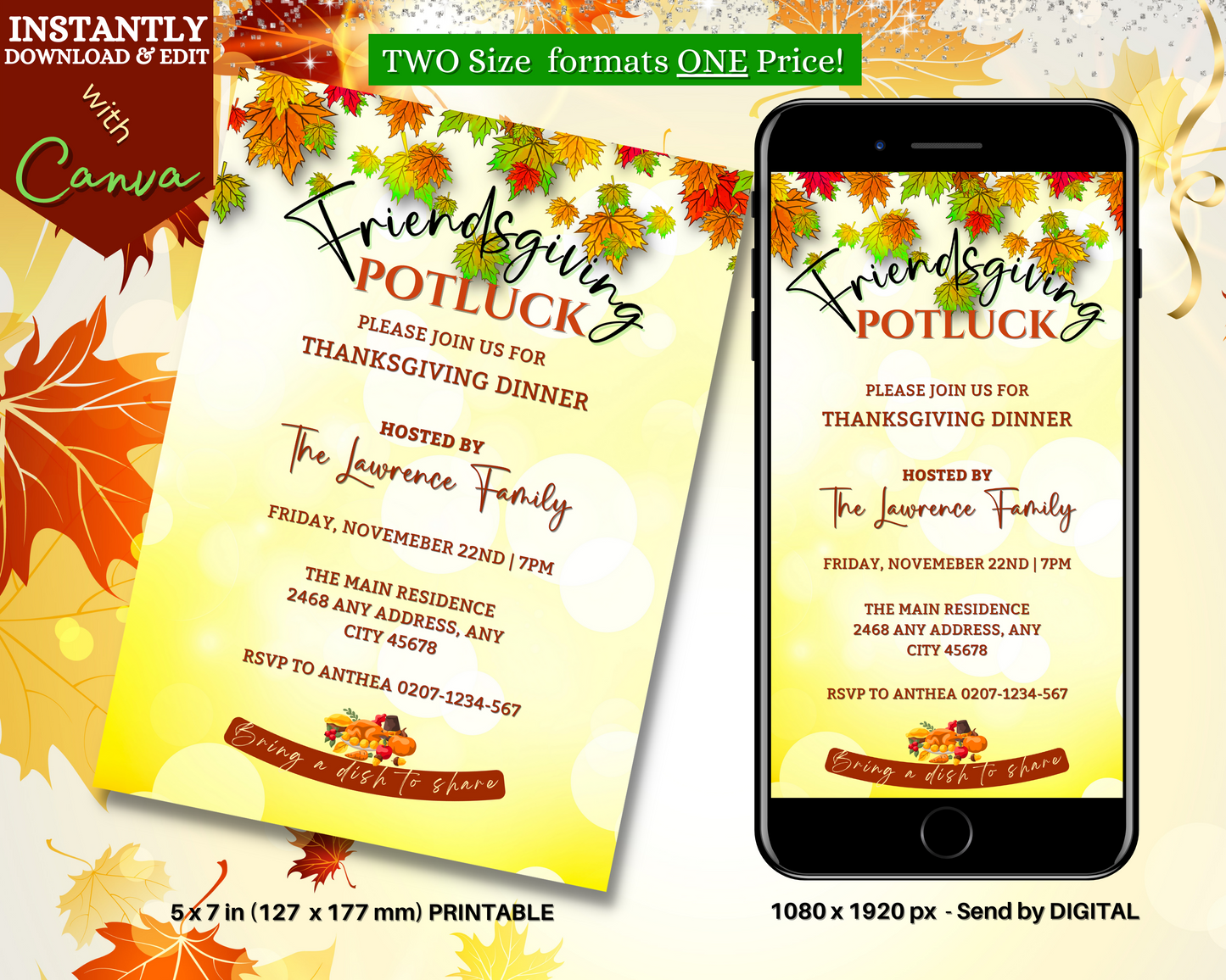 Friendsgiving Potluck Autumn Leaves Thanksgiving Dinner Evite displayed on a cellphone and a paper invitation, customizable via Canva for digital sharing.