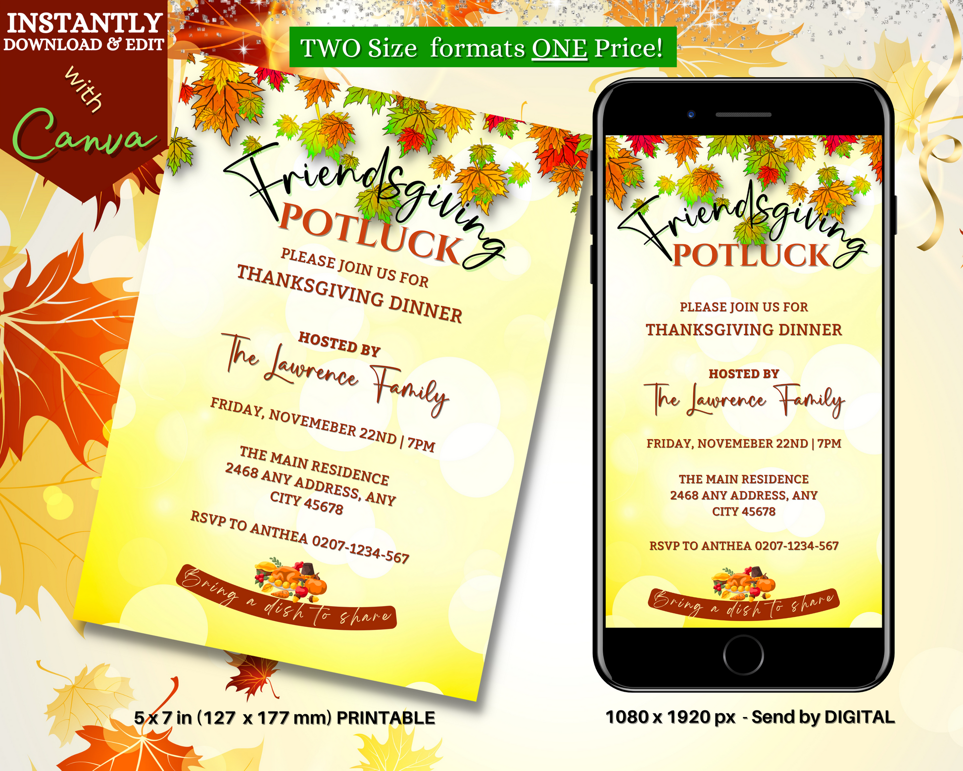 Friendsgiving Potluck Autumn Leaves Thanksgiving Dinner Evite displayed on a cellphone and a paper invitation, customizable via Canva for digital sharing.