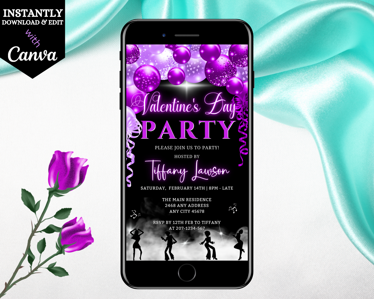 Smoking Dancers Neon Purple | Valentines Party Evite, featuring a customizable digital invitation with purple balloons and flowers, editable via Canva for smartphones.
