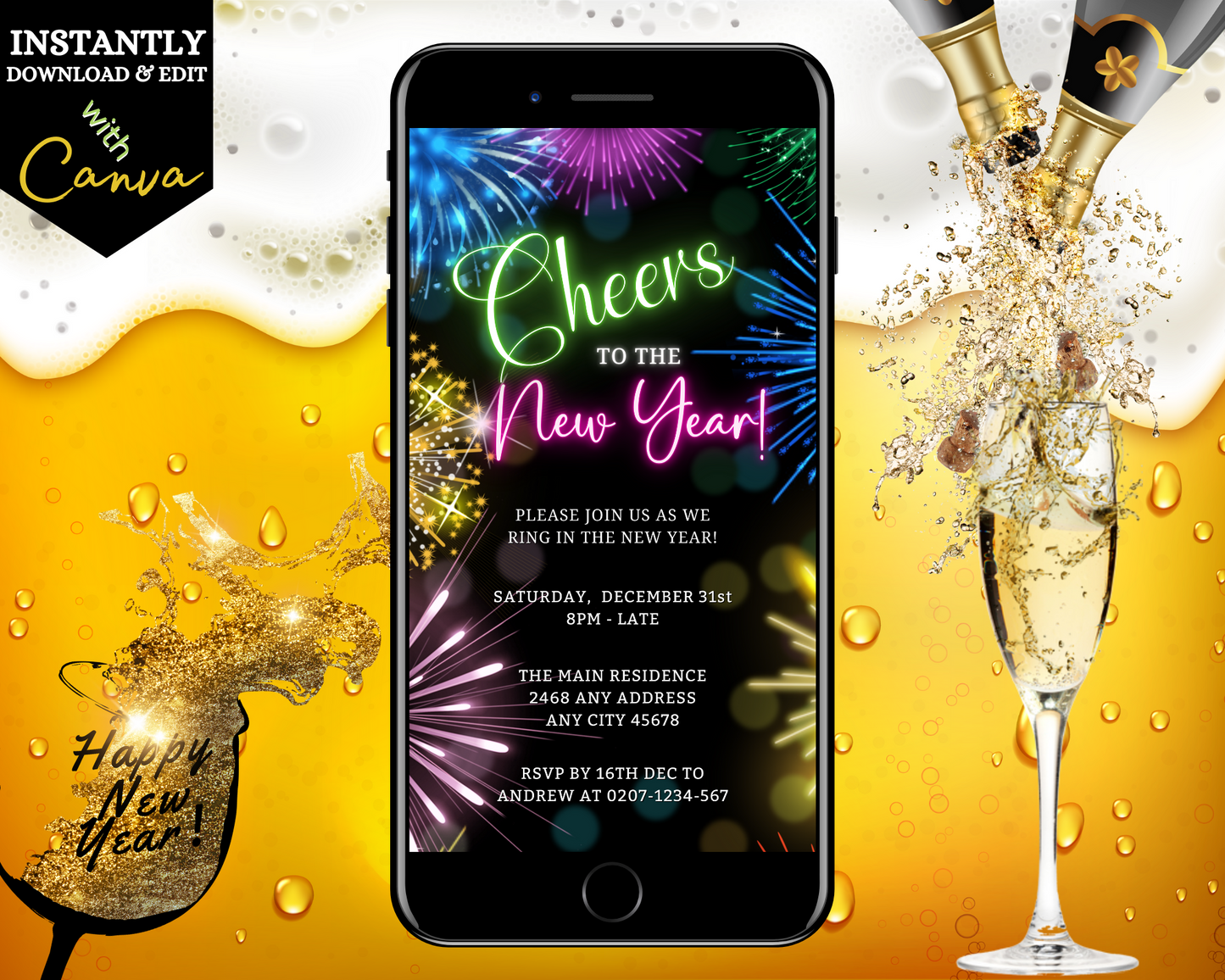 Neon Pink Green Fireworks New Year's Eve Party Evite displayed on a smartphone screen, surrounded by champagne glasses and fireworks on a black background.