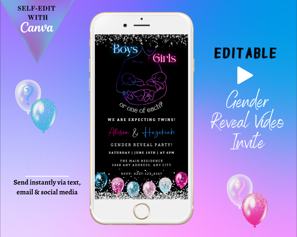 Twins Glowing Mum & Babies Digital Gender Reveal Invite displayed on a white smartphone screen with colorful balloons in the background.