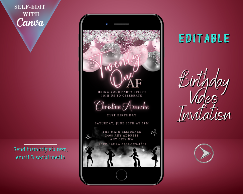 Mauve Pink Silver Neon 21AF Birthday Video Evite displayed on a smartphone screen, showcasing customizable text and design for digital invitations via Canva.