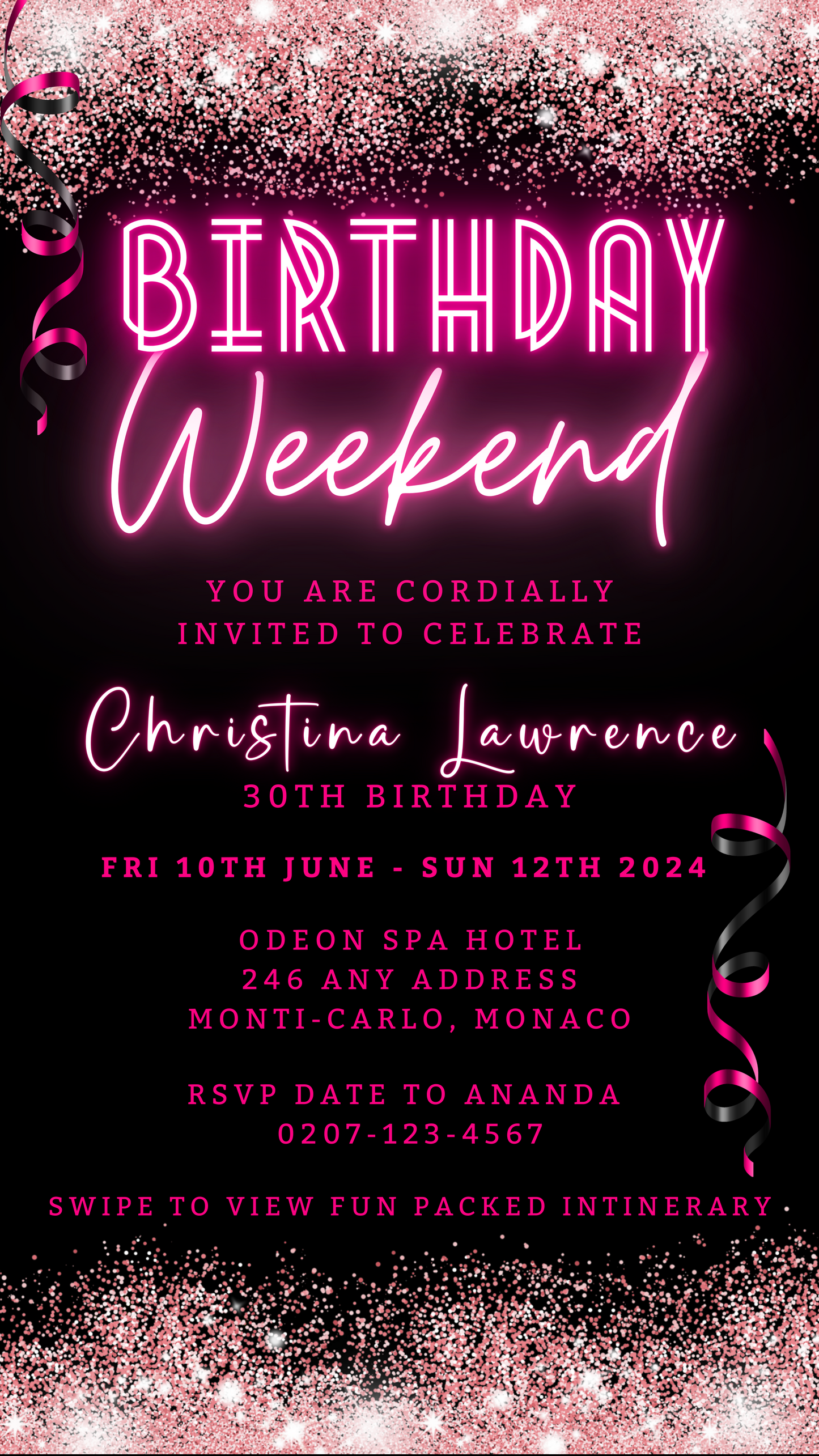 Digital Neon Pink Glitter Confetti Weekend Party Evite, customizable with pink and black ribbons, editable text, and neon elements for electronic invitations.