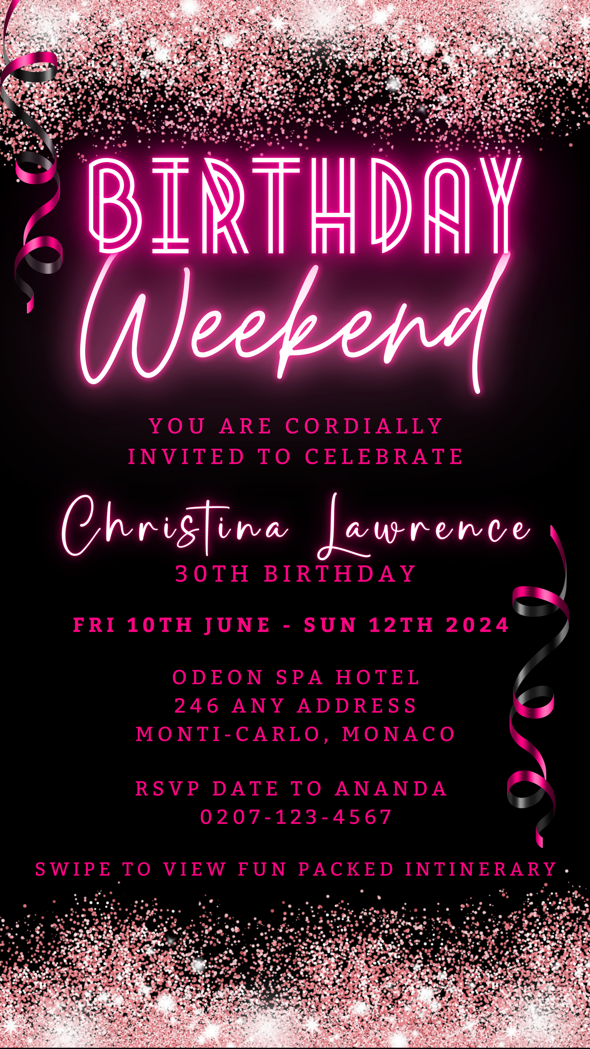 Digital Neon Pink Glitter Confetti Weekend Party Evite, customizable with pink and black ribbons, editable text, and neon elements for electronic invitations.