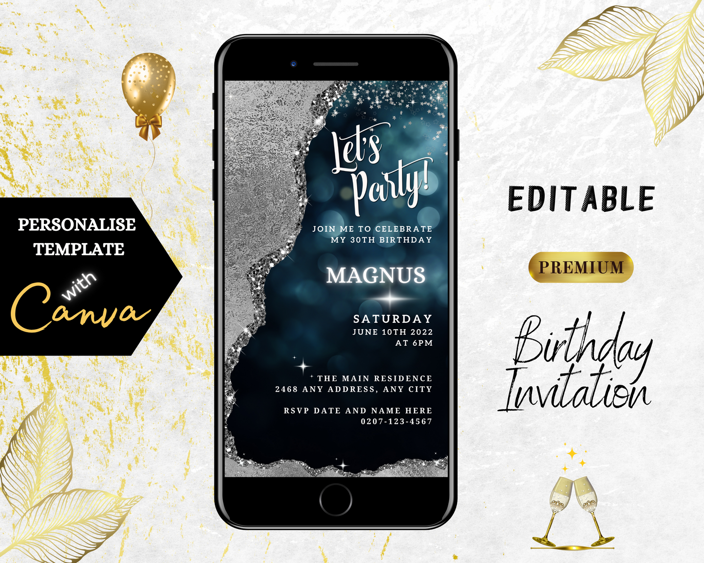 Navy Silver Glitter Editable Birthday Evite displayed on a smartphone screen, showcasing customizable text and design elements.