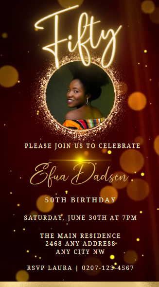 Woman smiling in a gold-framed circle, promoting customizable Maroon Gold Neon 50th Birthday Video Invitation for smartphone, editable via Canva.