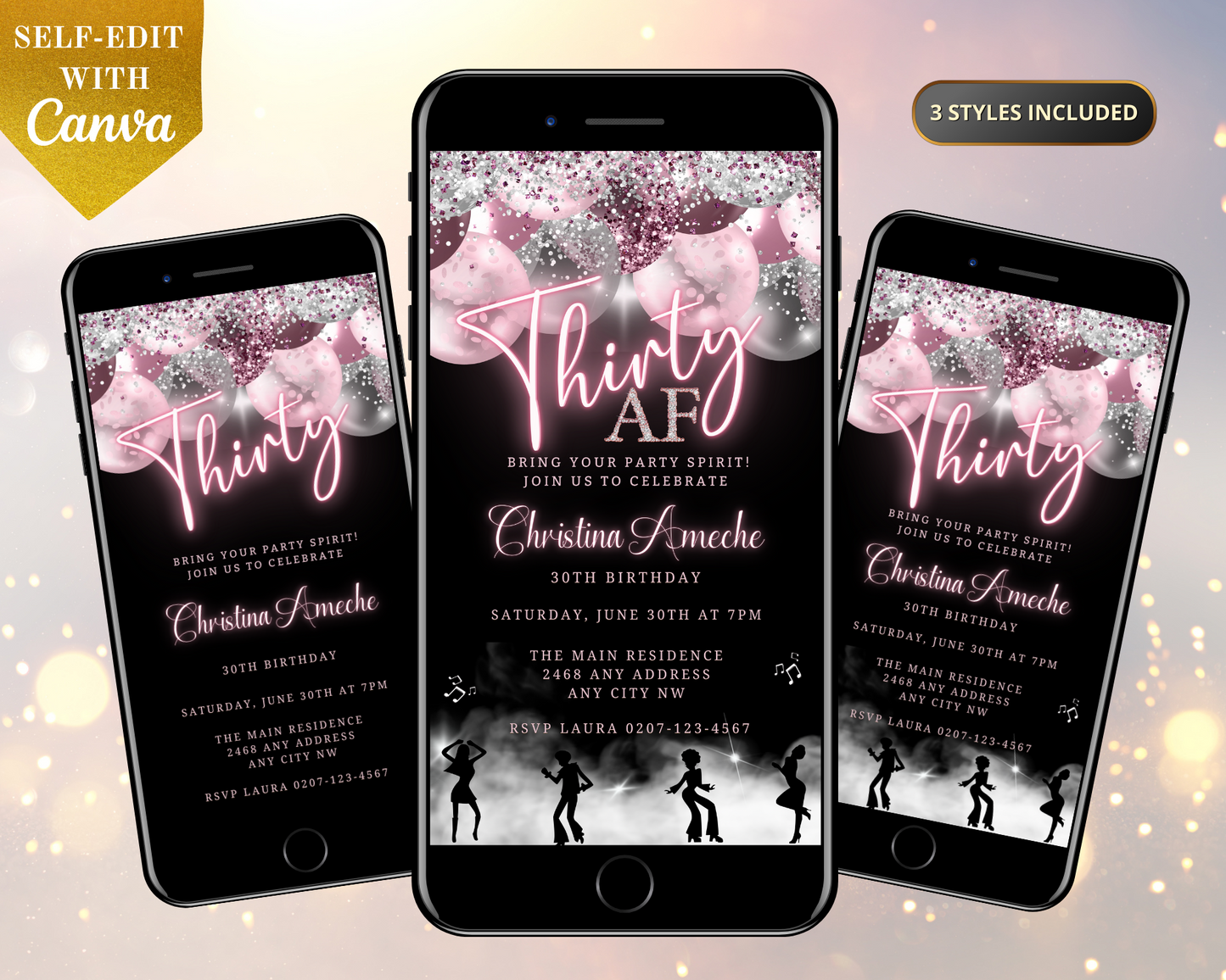Mauve Pink Silver Neon 60AF Birthday Evite displayed on various smartphones with customizable event details using Canva.