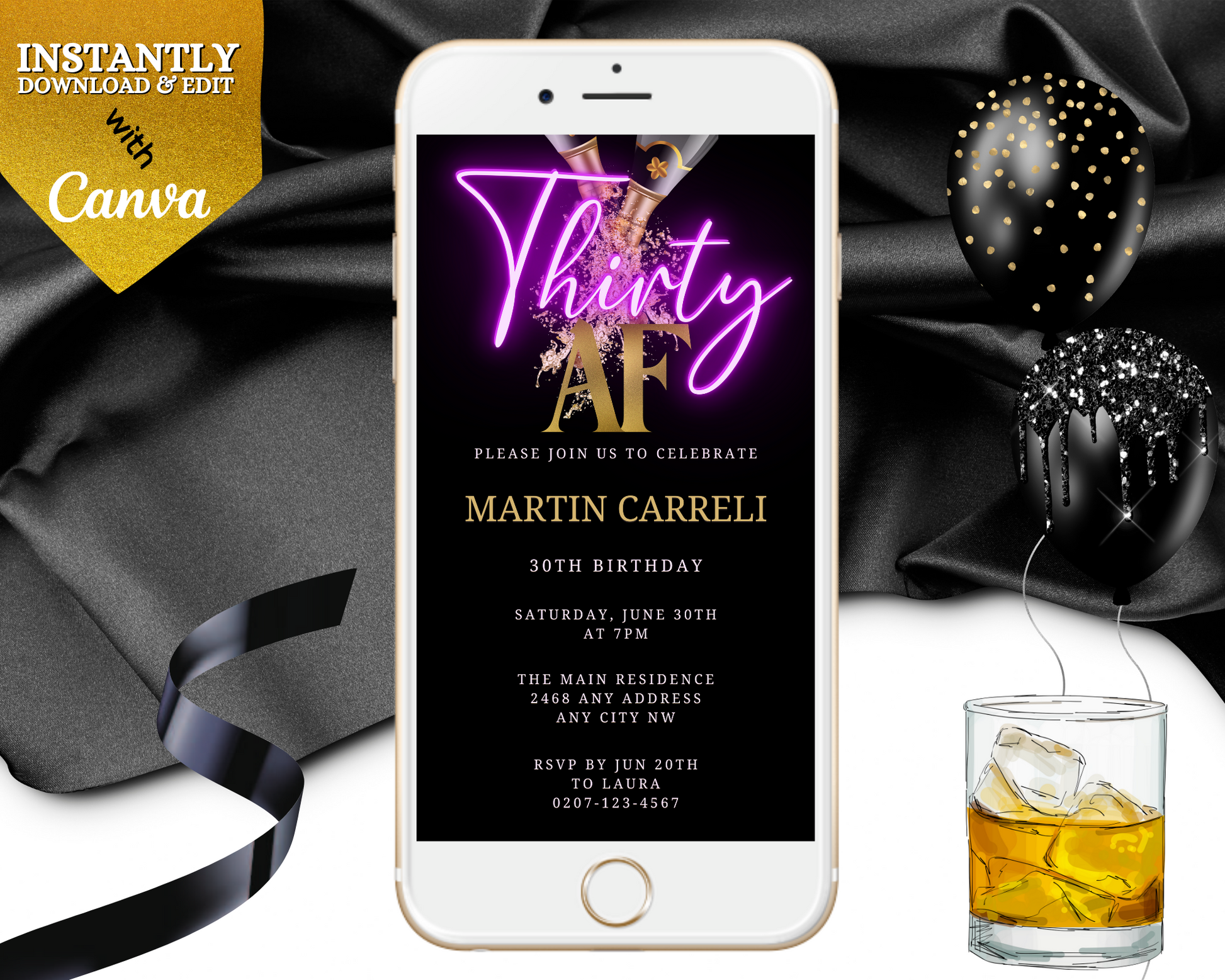 Black Gold Champagne Neon Purple | 30AF Party Evite displayed on a smartphone with celebratory balloons and a drink in the background.