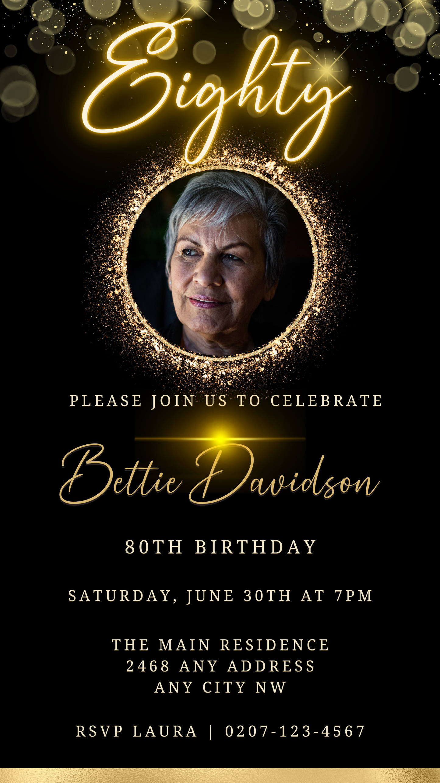 Customizable Gold Neon Oval Photo Frame for 80th Birthday Evite, featuring a woman’s face in a circle of sparkles. Download and personalize via Canva.