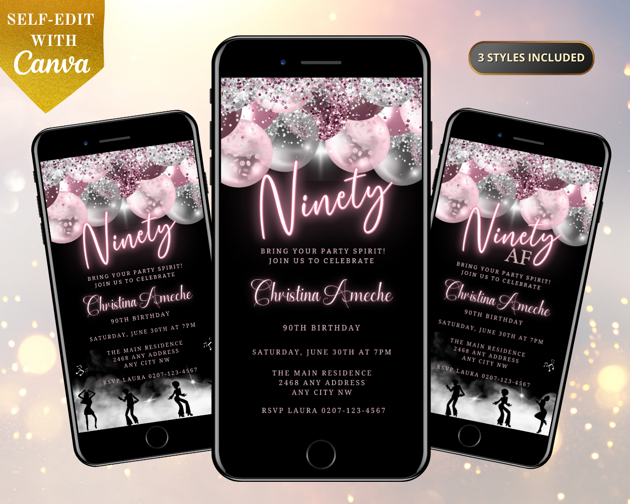 Group of customizable cell phones displaying Mauve Pink Silver Neon 90AF Birthday Evite templates with colorful balloon designs.