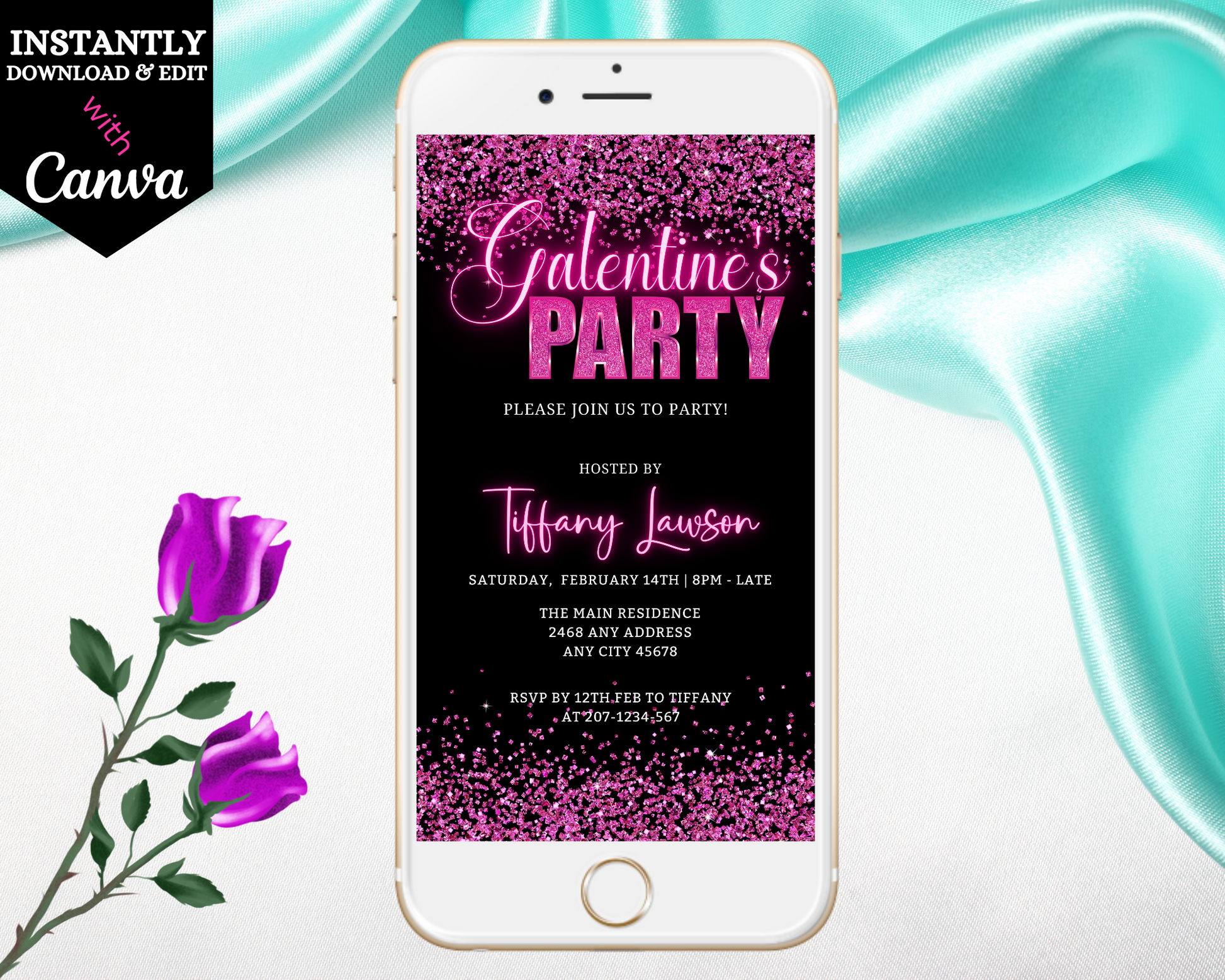 Galentines Neon Pink Confetti | Valentines Party Evite displayed on a smartphone with pink glitter screen and purple flowers.
