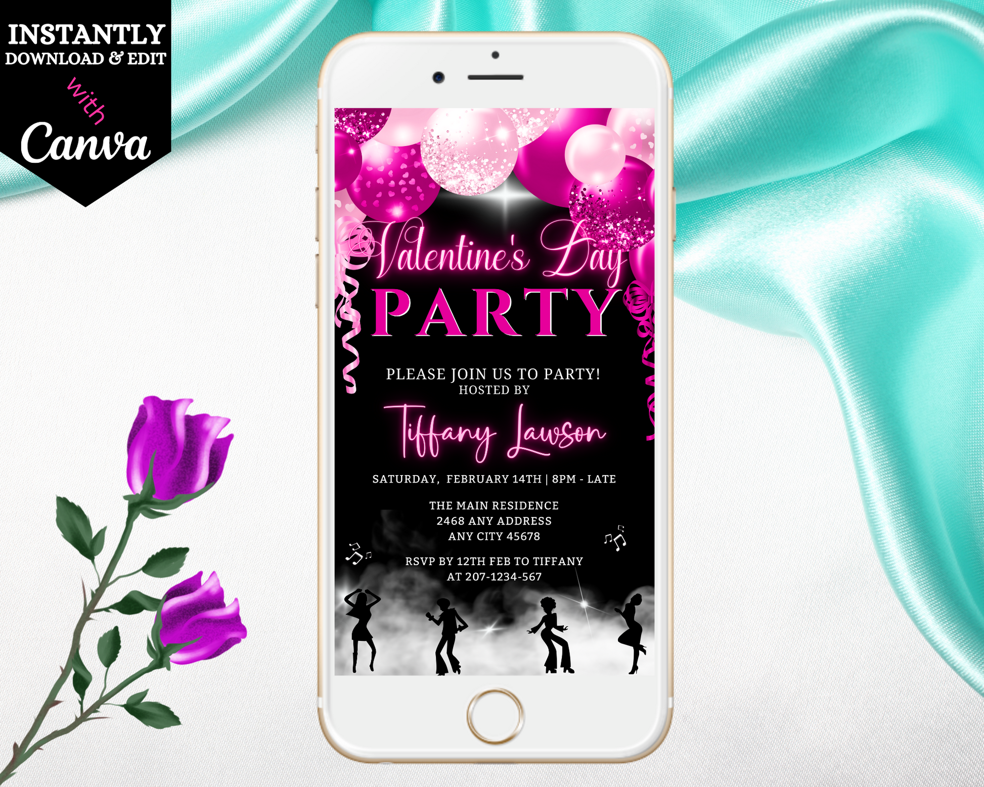 Smoking Dancers Pink Neon Balloons Valentines Day Party Evite on a smartphone screen, featuring editable text and digital templates for customization using Canva.