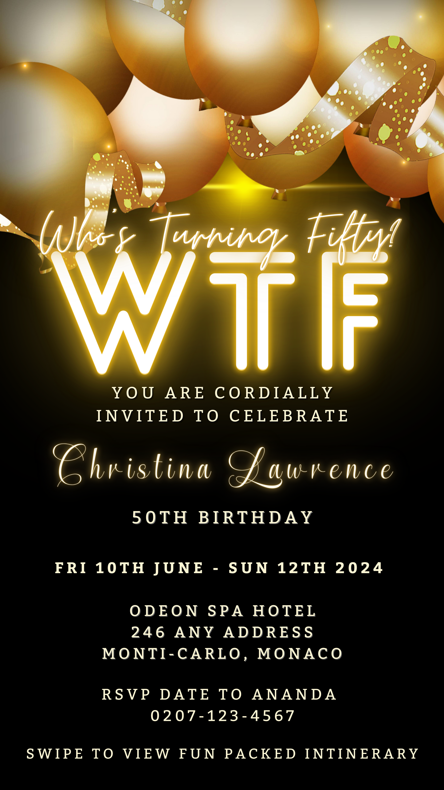 Black and gold invitation with balloons and ribbons for the customizable Black Neon Gold Floating Balloons | WTFifty Weekend Evite.