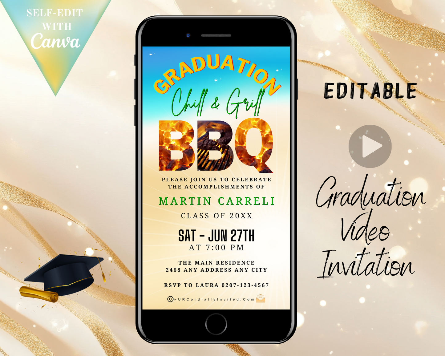 Graduation BBQ Video Invitation - Chill & Grill Party Theme displayed on a smartphone, featuring customizable text and video elements for easy personalization in Canva.