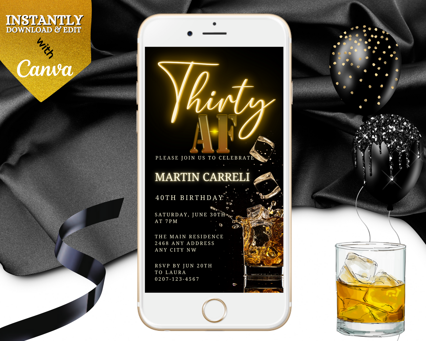 Gold Neon Splashing Cubes | 30AF Birthday Evite showing a digital invitation with whiskey glass and ice cubes on a smartphone screen.