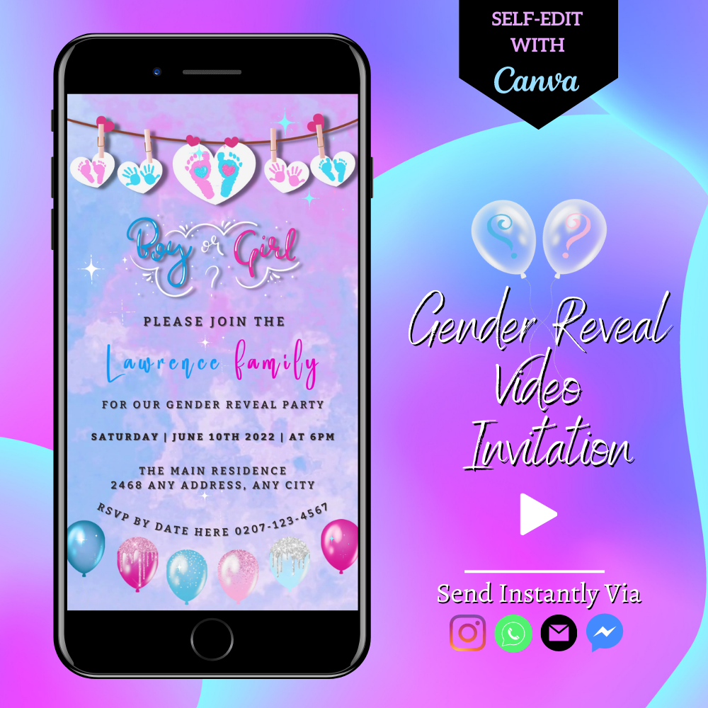 Customisable Pink Blue Sky Hearts Gender Reveal Party Video Invitation displayed on a smartphone screen, showcasing a vibrant, editable event invitation template.