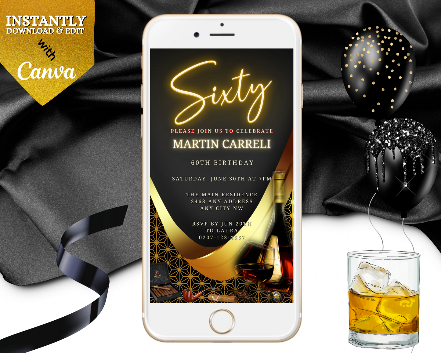 Digital Black Gold Neon Cigar | Men's 60th Birthday Evite displayed on a smartphone screen beside a glass of amber liquid with ice.
