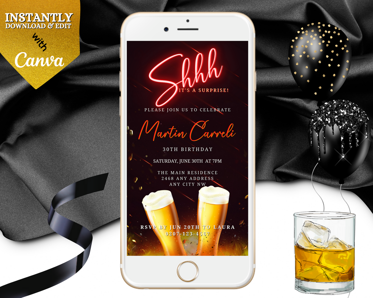 Red Neon Beer Mugs Surprise Birthday Party Evite displayed on a smartphone screen with celebratory drinks and balloons in the background.