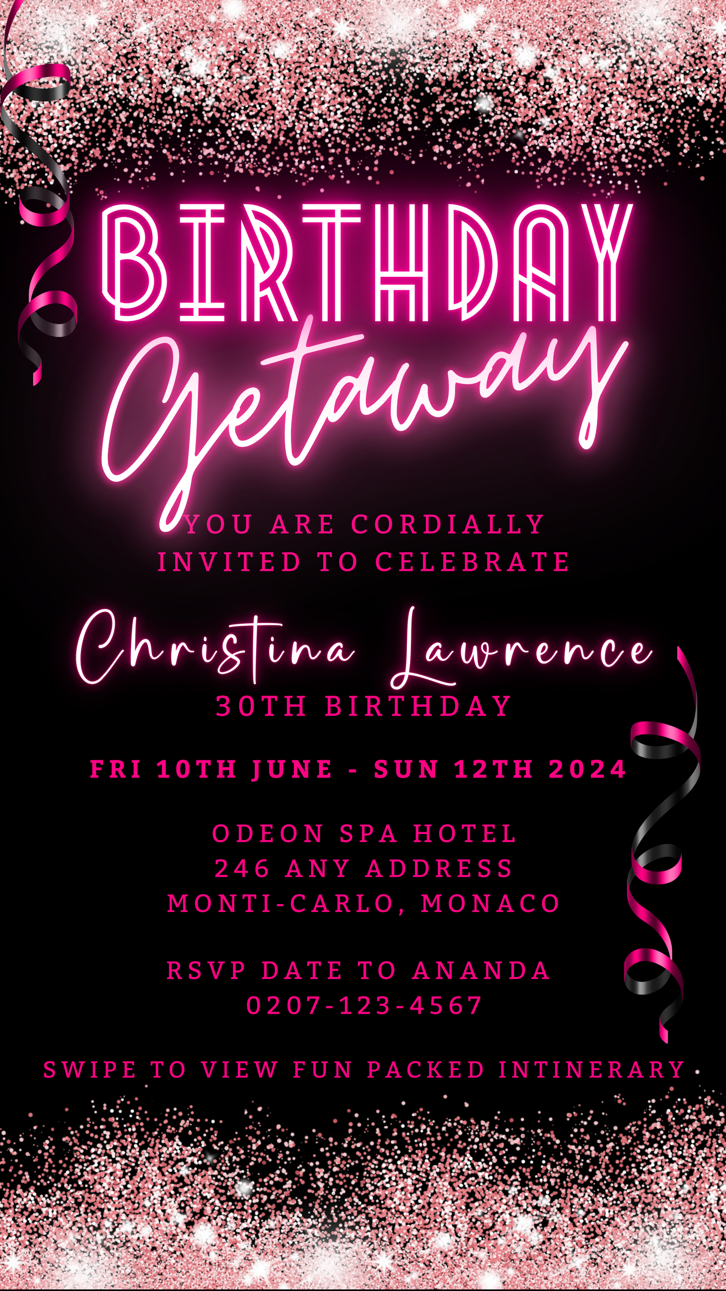 Neon Pink Glitter Confetti Birthday Getaway Party Evite with customizable text, pink and black ribbons, and a sleek black background.