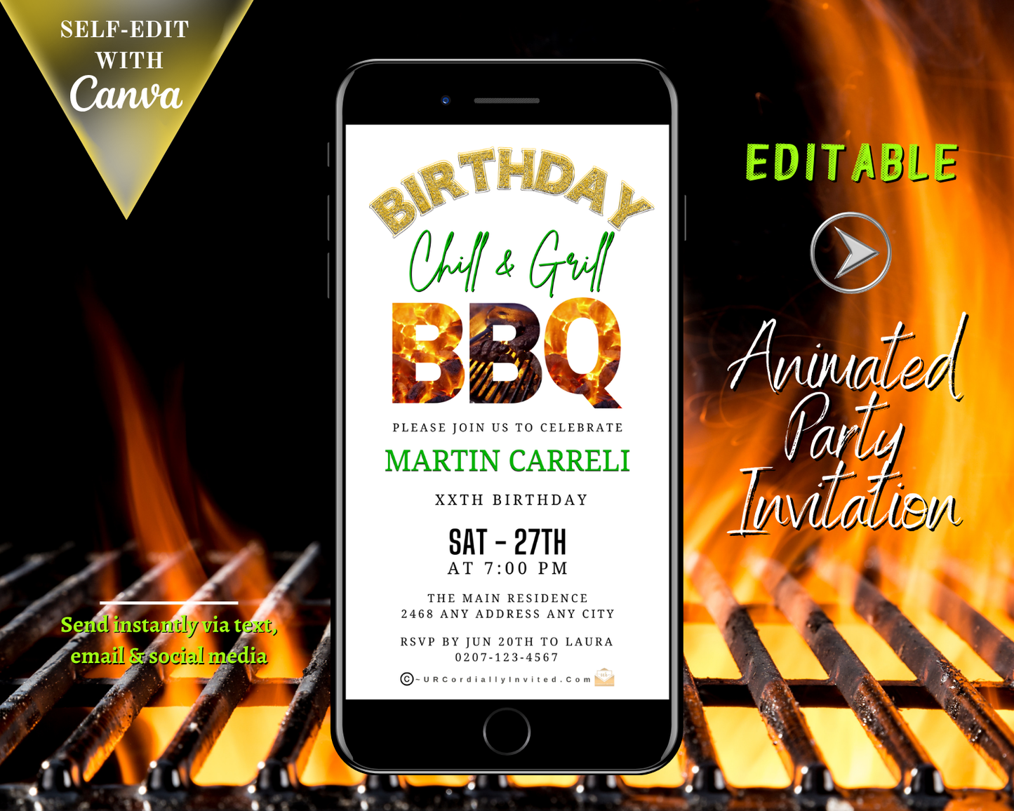 Birthday BBQ Chill & Grill Invitation – Editable Animated Design displayed on a phone screen, showcasing customizable text and images for a digital invitation.