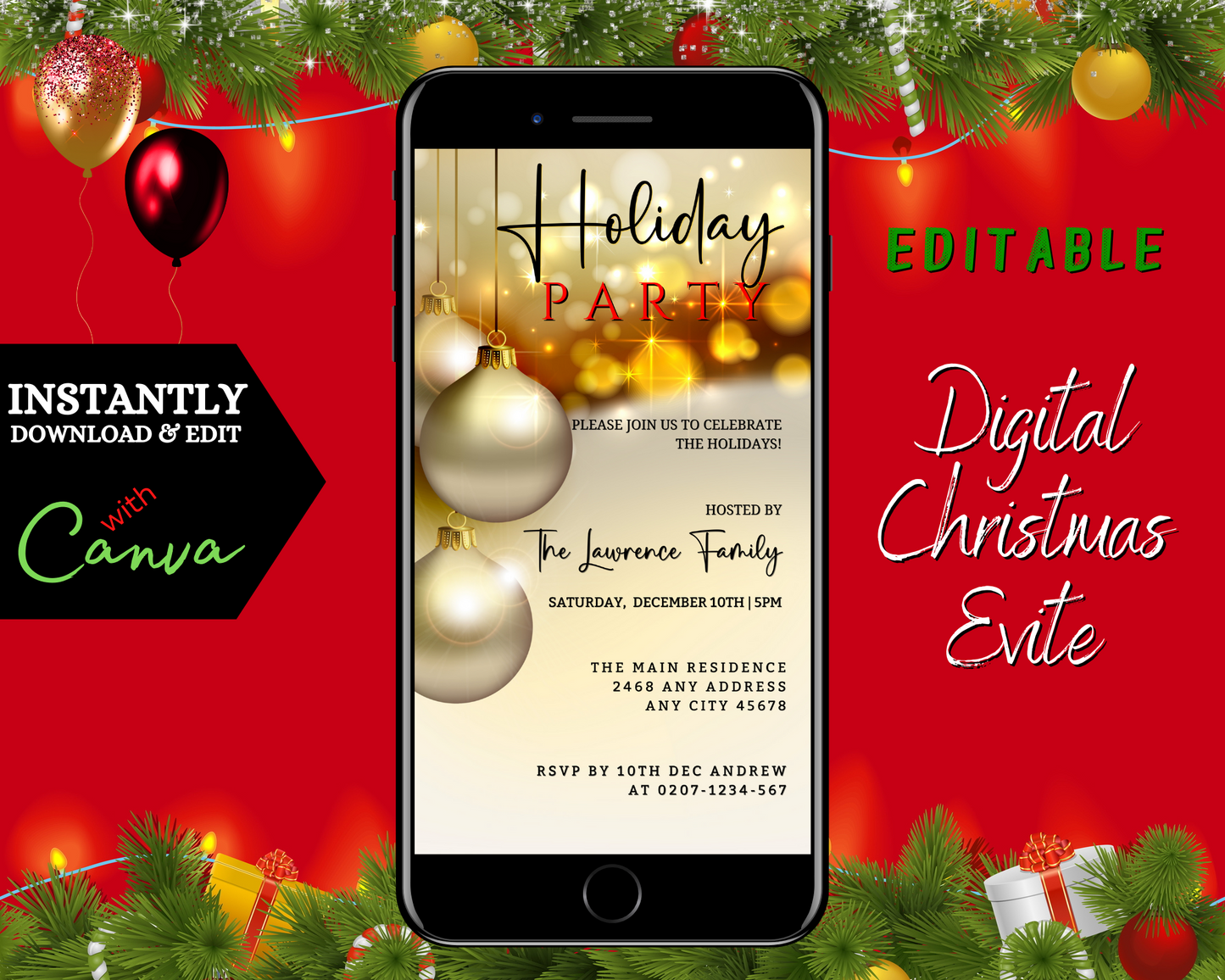 Gold Beige Glitter Ornament Christmas Party Invitation displayed on a smartphone screen, featuring customizable text and a festive design for electronic sharing via Canva.