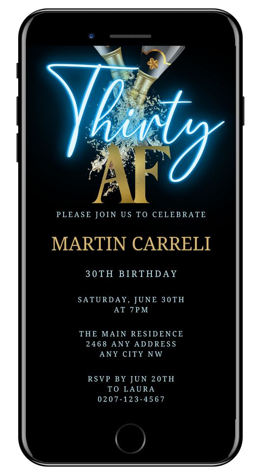 Digital Black Gold Champagne Neon Blue | 30AF Party Evite displayed on a smartphone screen, customizable via Canva for easy sharing through messaging apps.